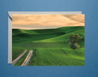 Sunset Greeting Card, Road, Nature Greeting Card with Blank Inside, Landscape Notecard with Envelope, Palouse Photo Art Greeting Note Card