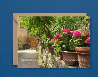 Tuscany Garden Greeting Card with Blank Inside, Courtyard Note Card, Flowers Notecards, Italy Greeting Cards, Photo Note Card, Art Note Card