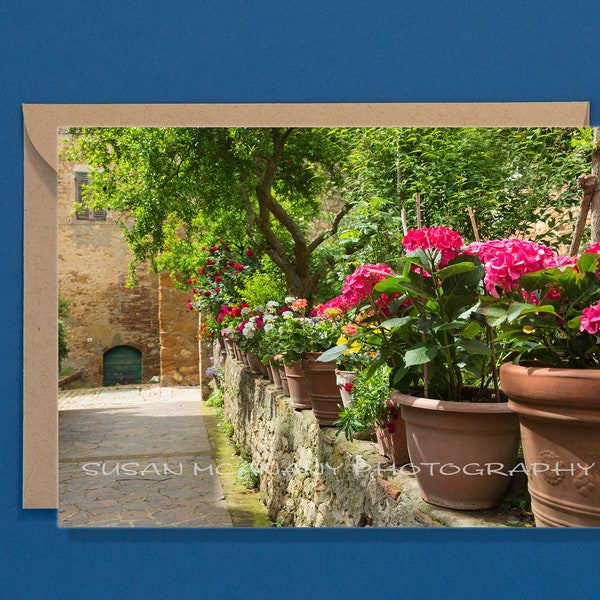 Tuscany Garden Greeting Card with Blank Inside, Courtyard Note Card, Flowers Notecards, Italy Greeting Cards, Photo Note Card, Art Note Card
