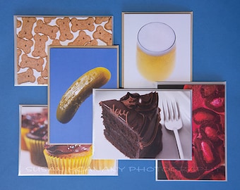 Photo Greeting Card Set with Blank Inside, Food Notecards with Envelopes, Cake Notecard, Pickle, Dog Biscuit, Cupcakes, Beer, Pomegranate