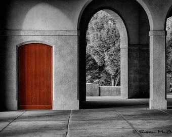 Architecture Wall Art Print, Greeting Card, Black & White 20 x 30 inches Archways Archival Giclee Print, Note Card Building Photo, Red