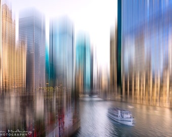 Boat and Chicago River Art Landscape Photography Print, Cityscape, Urban Art, HighRise Buildings, Architecture, Blue, Tan, Gray