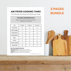 May include: Air fryer cooking times guide with a conversion rule table. Includes temperature conversions and cooking times for various foods. The image also shows wooden cutting boards and utensils, with the text "3 PAGES BUNDLE".