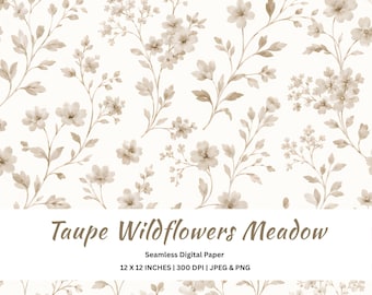 Taupe Beige Wildflowers Toile Digital Paper, Fabric Print, Floral Seamless Pattern, Printable Background, Scrapbooking, Wallpaper Decor