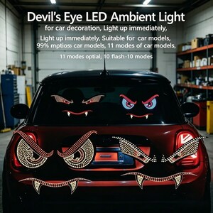 Devil Face LED Car Rear Light Demon Eye Flashing Lamp Universal Grille & Window Decor Cool Car Modification Accessory for Night Driving