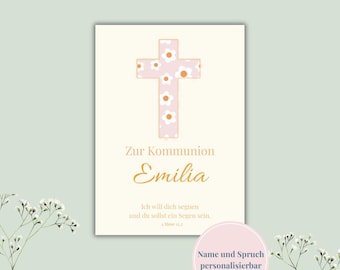 Personalized First Holy Communion Card Printable, Christian Card for Girl, Custom Name & Bible Verse, Instant Download