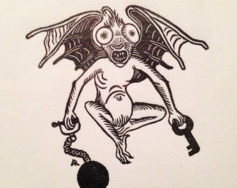 Medieval Bat creature demon Grotesque original hand pulled print