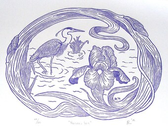 Nouveau Purple Iris & Heron Art Wood Engraving Print