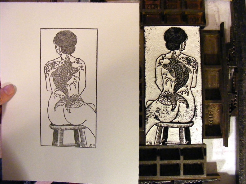 Limited Edition Original Handcarved /& Printed Tattooed Woman Nude Koi Cherry Blossom Lily Wave Woodblock Print
