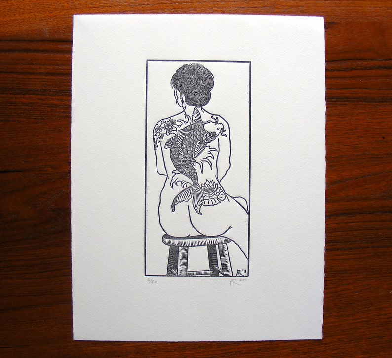 Limited Edition Original Handcarved /& Printed Tattooed Woman Nude Koi Cherry Blossom Lily Wave Woodblock Print