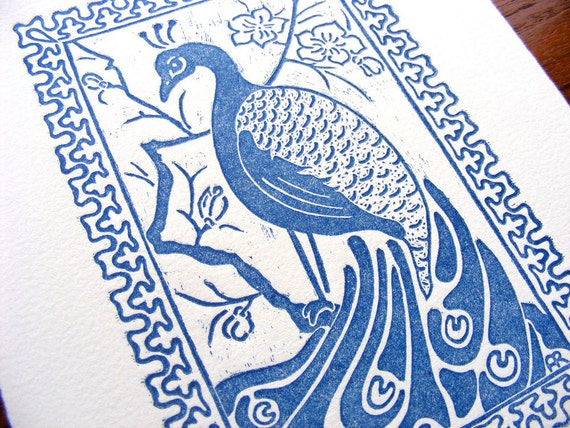 Blue Peacock Art Nouveau Japonism Wood Engraving - Original, Handcarved & Printed, Limited Edition