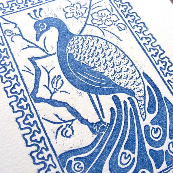 Blue Peacock Art Nouveau Japonism Wood Engraving - Original, Handcarved & Printed, Limited Edition