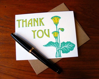 Thank You Card Letterpress Green Yellow Spring Art Nouveau A2 with Envelope