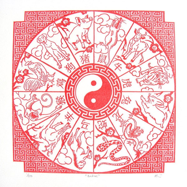 Chinese New Year Zodiac Red Wood Engraving