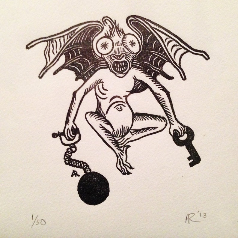 Medieval Bat creature demon Grotesque original hand pulled print image 1