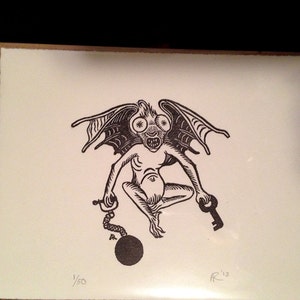 Medieval Bat creature demon Grotesque original hand pulled print image 3