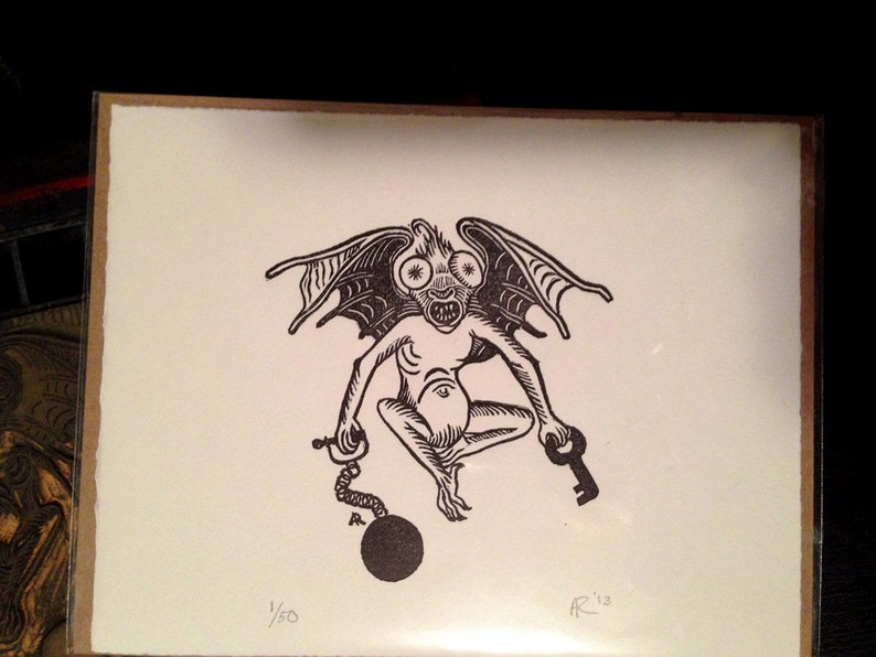 Medieval Bat creature demon Grotesque original hand pulled print image 3