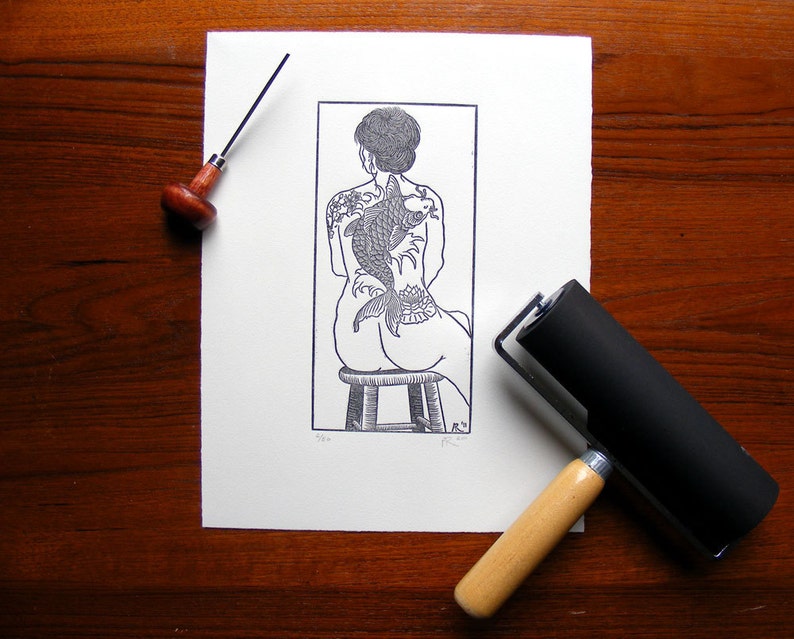 Limited Edition Original Handcarved /& Printed Tattooed Woman Nude Koi Cherry Blossom Lily Wave Woodblock Print