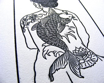Tattooed Woman Woodblock Print – Koi, Lily, Cherry Blossom, Limited Edition