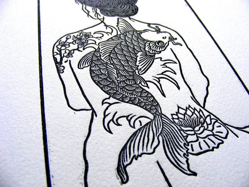 Limited Edition Original Handcarved /& Printed Tattooed Woman Nude Koi Cherry Blossom Lily Wave Woodblock Print