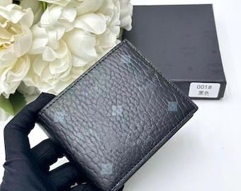Cartera plegable de piel texturizada para hombre, tarjetero delgado, diseño de monograma