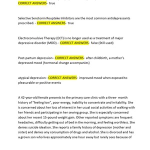 May include: A document with text about antidepressants and depression, including statements marked as true or false. The text also includes a case study of a 42-year-old with symptoms of depression, such as low energy and weight gain.