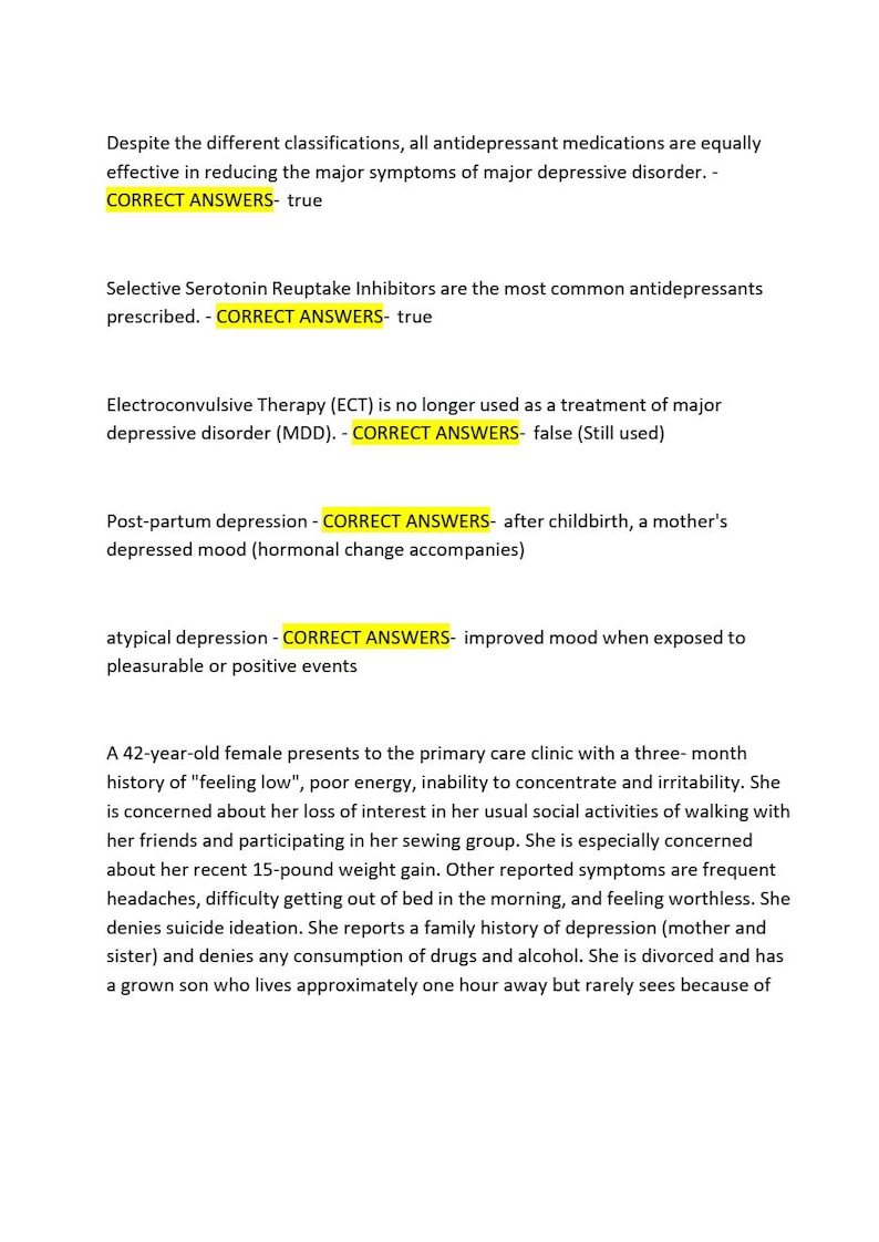 May include: A document with text about antidepressants and depression, including statements marked as true or false. The text also includes a case study of a 42-year-old with symptoms of depression, such as low energy and weight gain.