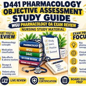 Könnte beinhalten: Ein D441 Pharmacology Objective Assessment Studienführer mit einem Stapel Bücher, beschriftet mit Pharmacology, WGU, D441, OA Exam Review und Nursing Study Material. Ein blaues Stethoskop liegt auf den Büchern neben einem Klemmbrett und Notizblock.