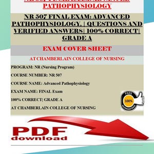 May include: A document titled "NR 507 Final Exam: Advanced Pathophysiology" with the text "Questions and Verified Answers | 100% Correct | Grade A." Includes a "Pass 100% Guaranteed" seal and a red arrow graphic.