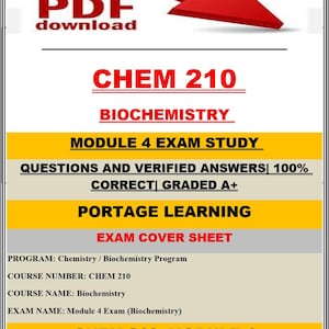 Puede incluir: Una portada de descarga en PDF para un examen de bioquímica. El título "CHEM 210" es rojo, con "BIOCHEMISTRY" debajo. El texto incluye "MODULE 4 EXAM STUDY" y "QUESTIONS AND VERIFIED ANSWERS 100% CORRECT GRADED A+". Una flecha roja apunta al texto.