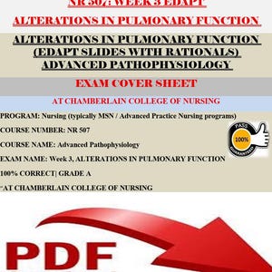 Pode incluir: Um documento intitulado "NR 507: Semana 3 EDAPT" com o texto "Alterações na Função Pulmonar" e "Fisiopatologia Avançada". Inclui um selo "100% garantido". Uma seta vermelha e as palavras "PDF download" também estão presentes.