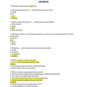 May include: A printed document titled HESI A2 V2 RETAKE GRAMMAR containing eight multiple-choice English grammar questions. The text is black on a white background, with several correct answers highlighted in yellow throughout the page.