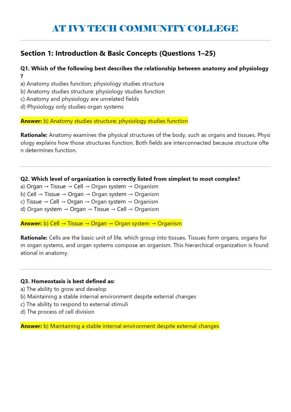Ivy Tech APHY 101 Final Exam Study Guide | Anatomy Physiology Questions ...
