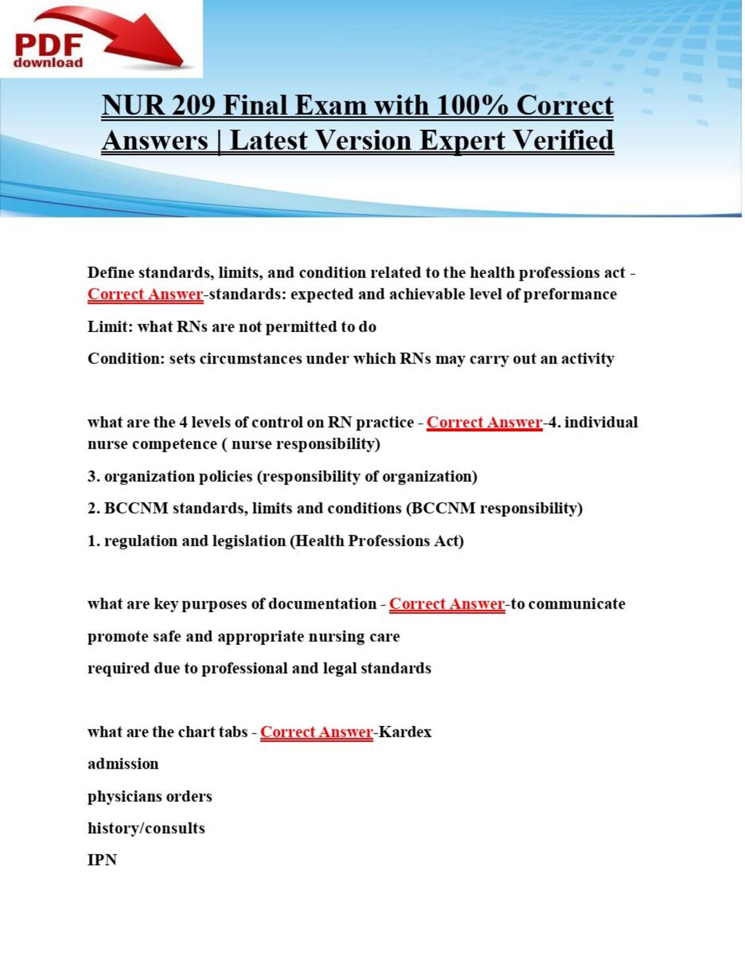 NUR 209 Final Exam | Questions With Answers | 100% Correct | Grade A+ ...