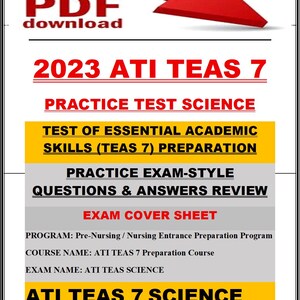 May include: A digital download graphic with the text "PDF download" and a red arrow. The image promotes the "2023 ATI TEAS 7" practice test for science, including exam preparation and review materials.