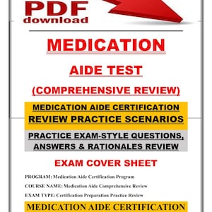 Pode incluir: Um documento PDF com um gráfico de seta vermelha e as palavras "MEDICATION AIDE TEST" em letras vermelhas grandes. O documento inclui texto sobre revisão de certificação, cenários de prática e perguntas de exame.