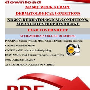 May include: A document cover sheet with the text "PDF download" and a red arrow graphic. The sheet includes the title "Dermatological Conditions" and details for an exam at Chamberlain College of Nursing, including "100% Correct | Grade A."