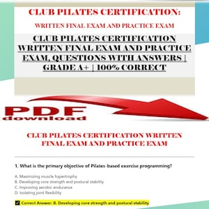 May include: A digital document with the text "PDF download" and "CLUB PILATES CERTIFICATION" in red. The document includes exam questions and answers, with a highlighted correct answer. A red arrow design is at the top and bottom.