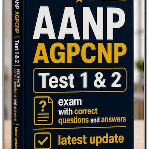 Puede incluir: Un libro azul oscuro titulado AANP AGPCNP Test 1 & 2 con texto en blanco y amarillo. La portada presenta una estrella amarilla, un icono de signo de interrogación y un icono de marca de verificación, con el subtítulo exam with correct questions and answers latest update.