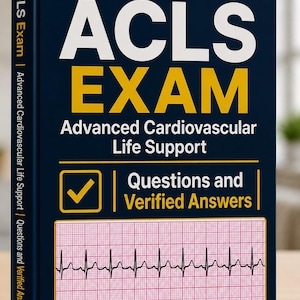 May include: A dark blue book titled ACLS EXAM Advanced Cardiovascular Life Support. The cover features white and yellow text, a yellow star, a checkmark icon, and a graphic of an electrocardiogram rhythm strip on a red grid background.