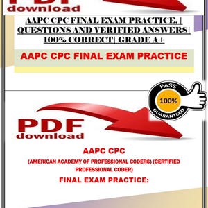 Könnte beinhalten: Grafik zum digitalen Download mit dem Text "PDF download" und einem roten Pfeil. Das Bild wirbt für die AAPC CPC-Abschlussprüfung mit Fragen, verifizierten Antworten und einer 100%igen Garantie.