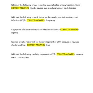 May include: A white paper with black text detailing questions and answers about urinary tract infections (UTIs). The text includes questions and the correct answers highlighted in yellow.