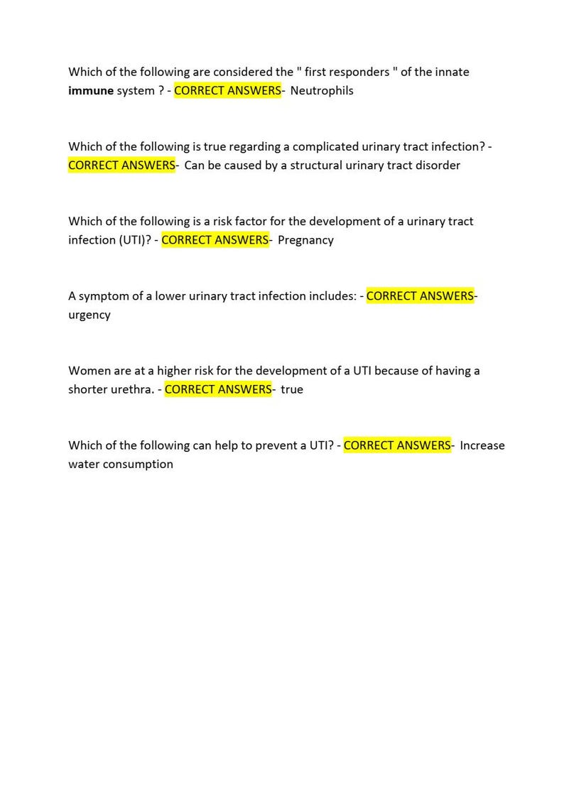 May include: A white paper with black text detailing questions and answers about urinary tract infections (UTIs). The text includes questions and the correct answers highlighted in yellow.