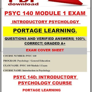 Pode incluir: Um documento intitulado "PSYC 140 MODULE 1 EXAM" com uma seta vermelha e as palavras "PDF download". O documento aborda a psicologia introdutória, com texto incluindo "Questions and Verified Answers 100% Correct Graded A+."