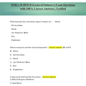 May include: A document titled "OSHA 30-HOUR (General Industry) Exam Questions" with a red arrow graphic and the text "PDF download." The document lists exam questions about electrical hazards and safety procedures, including burns, electrocution, and arc flash.