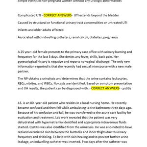 May include: A medical document with text about urinary tract infections (UTIs), including uncomplicated and complicated types. It details symptoms, diagnoses, and patient cases, with highlighted "CORRECT ANSWERS" for clarity. The document is on a white background.