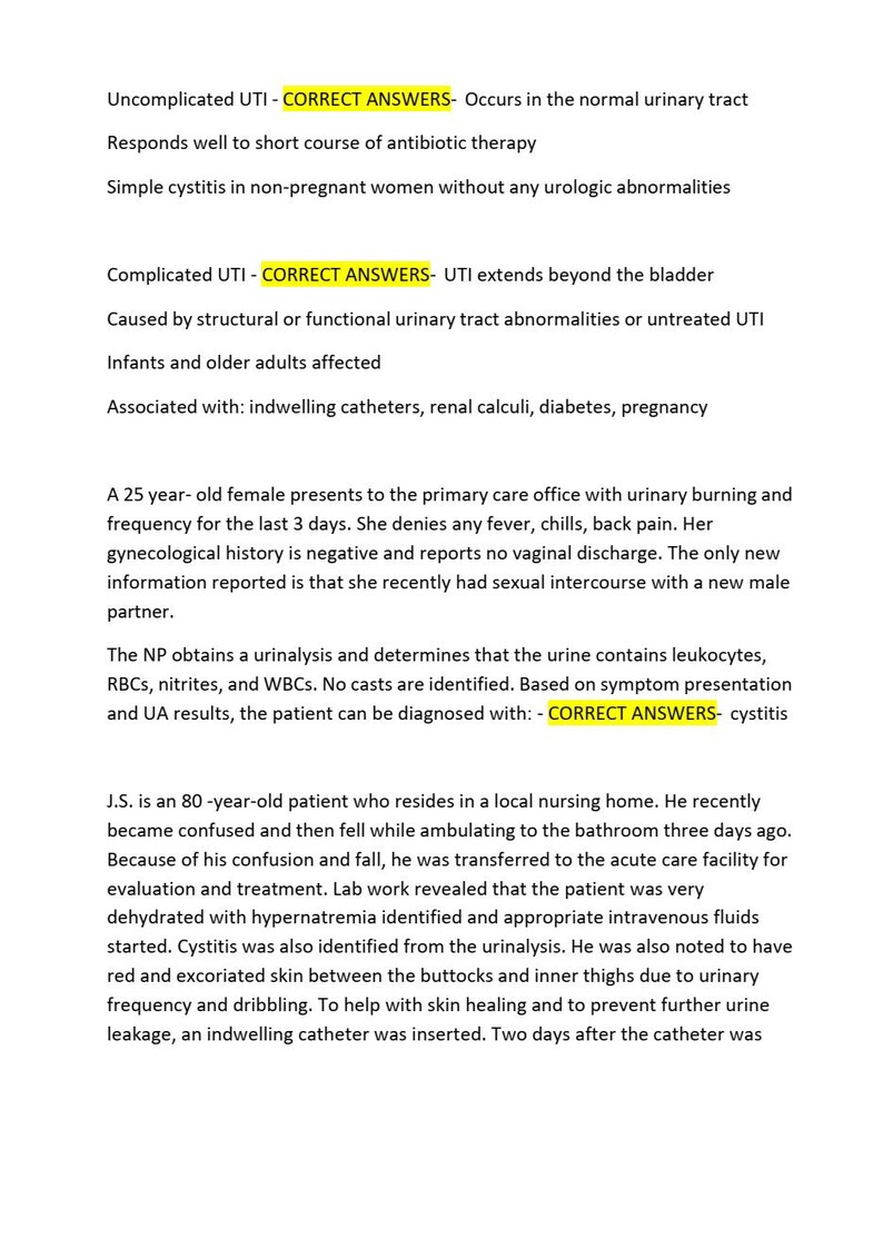 May include: A medical document with text about urinary tract infections (UTIs), including uncomplicated and complicated types. It details symptoms, diagnoses, and patient cases, with highlighted "CORRECT ANSWERS" for clarity. The document is on a white background.
