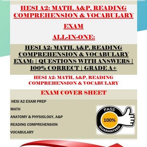 May include: A digital exam cover sheet for the HESI A2 exam, covering Math, Anatomy & Physiology, Reading Comprehension, and Vocabulary. The design includes a red arrow and the text "PDF download."