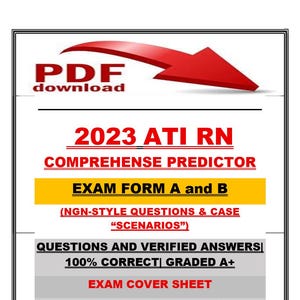 Puede incluir: Documento digital con el texto "PDF download" y "2023 ATI RN COMPREHENSE PREDICTOR". El documento incluye información del examen, como "EXAM FORM A and B" y "QUESTIONS AND VERIFIED ANSWERS 100% CORRECT GRADED A+."