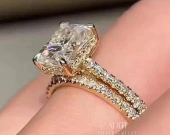 Radiant Cut Moissanite Hidden Halo Engagement Ring with Double Pavé Band 14K Solid Gold